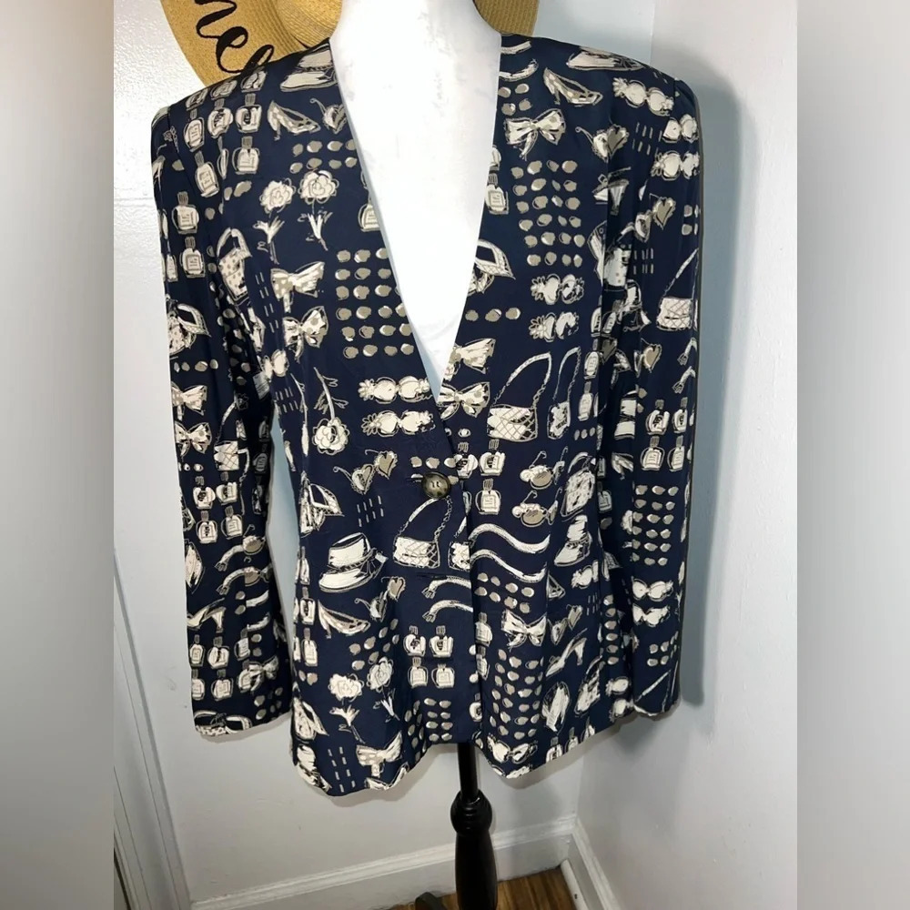 vintage, helga, novelty print, silk, button front, long sleeve blazer